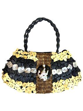 Handmade Woven Bag Black Beige Iridescent Shells Wood Boho Beach Casual Purse